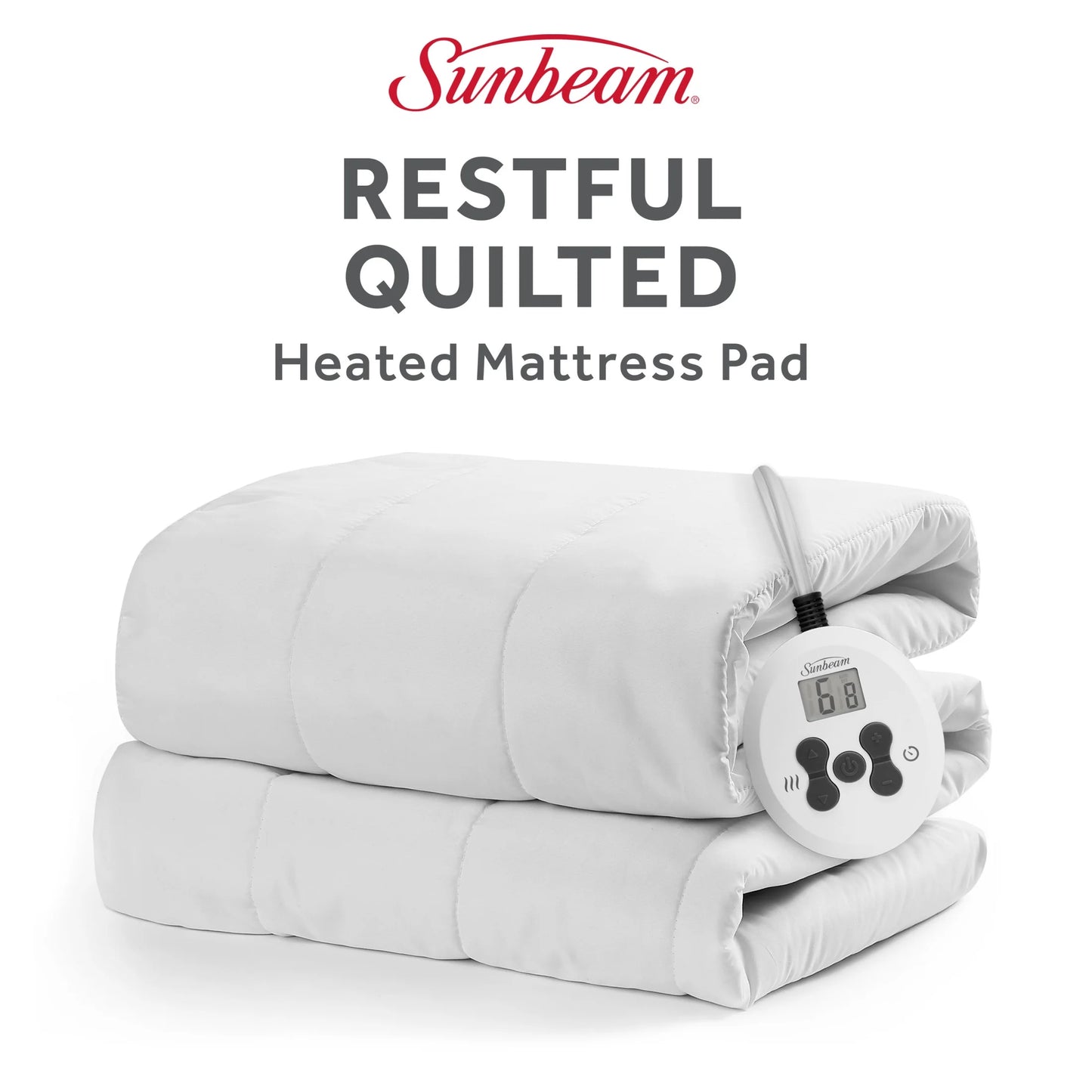 Sunbeam Restful Quilted Electric Heated King Size Mattress Pad, 76" x 80", 12 Heat Settings, 12-Hour Selectable Auto-Off, Machine Washable