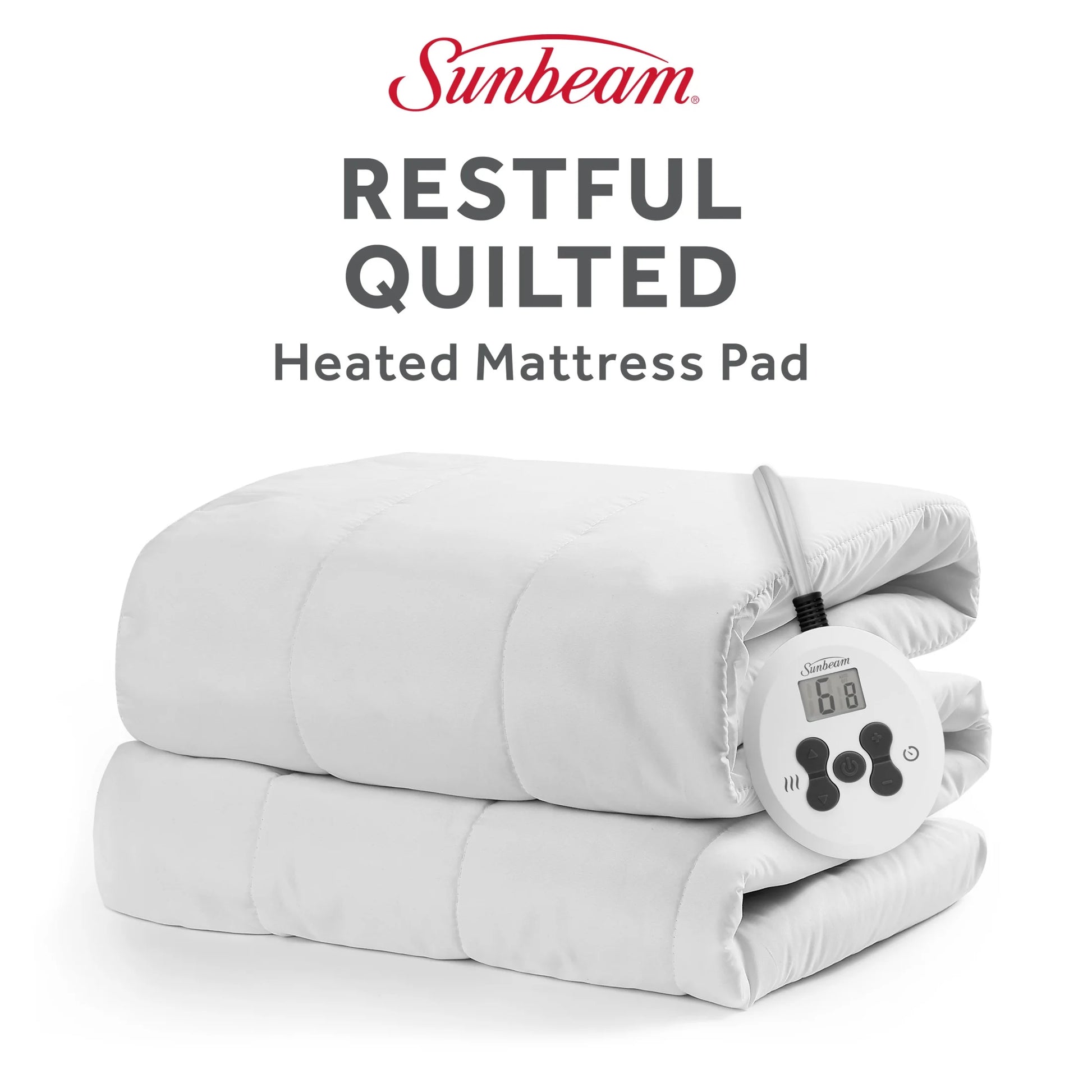 Sunbeam Restful Quilted Electric Heated King Size Mattress Pad, 76" x 80", 12 Heat Settings, 12-Hour Selectable Auto-Off, Machine Washable