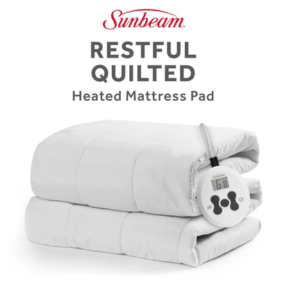 Sunbeam Restful Quilted Electric Heated King Size Mattress Pad, 76" x 80", 12 Heat Settings, 12-Hour Selectable Auto-Off, Machine Washable