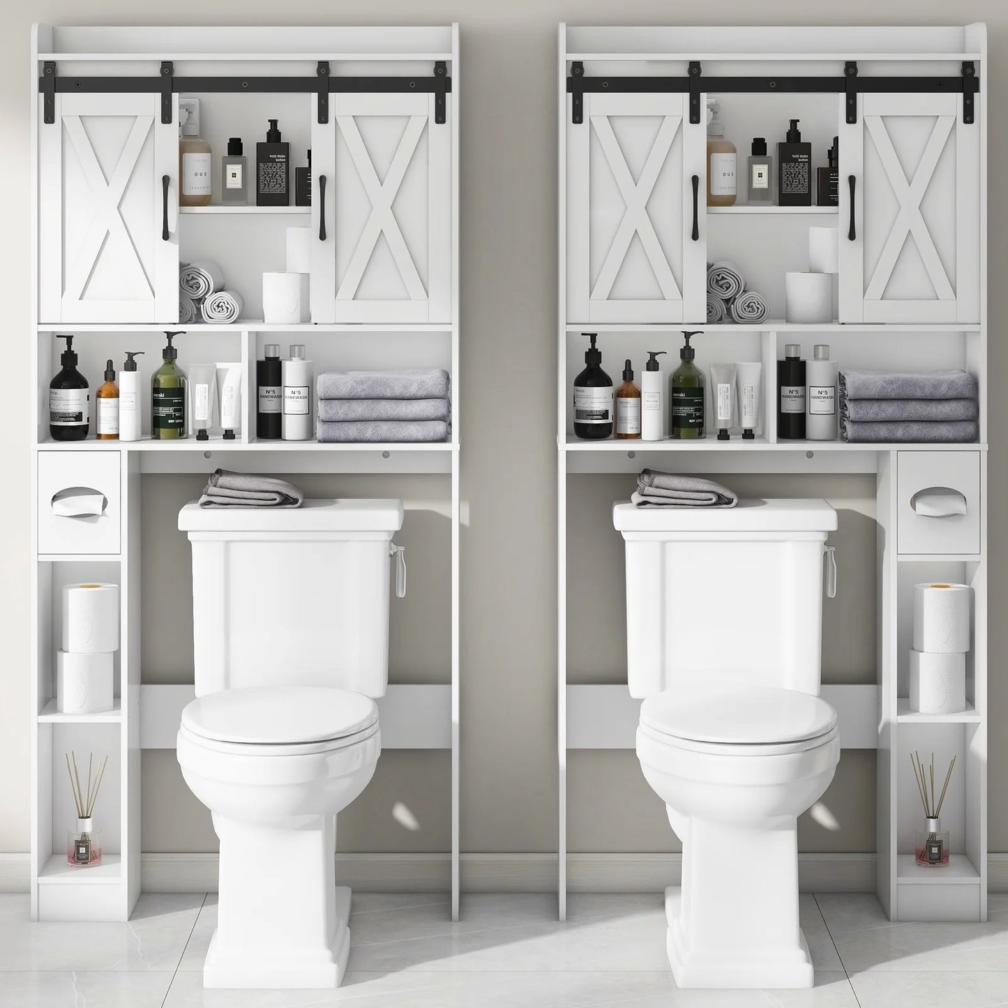 Over The Toilet Storage Cabinet, Farmhouse Storage Cabinet Over Toilet with Sliding DoorsHome Space-Saving Toilet Rack, for Bathroom, Restroom, Laundry