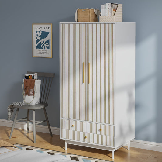 Armoire Wardrobe Closet, Closet Wardrobe Cabinet with Drawers and Hanging Rail for Bedroom, White
