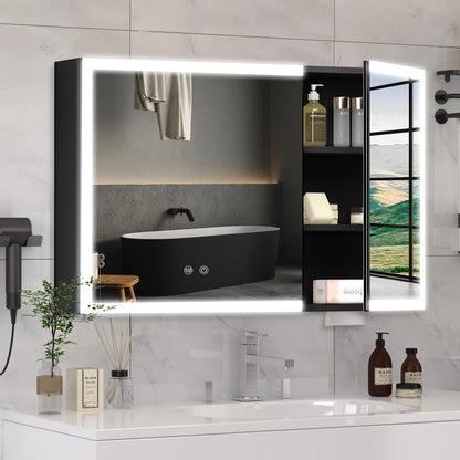 JBLCC LED Lighted Medicine Cabinet with Mirror, Wall Mounted Bathroom Cabinet with Touch Sensor, Anti-Fog, Black