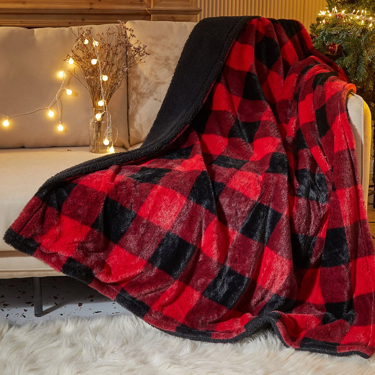 Dearfoams Reverse Sherpa Throw Blanket, Red Buffalo Check, Standard Throw