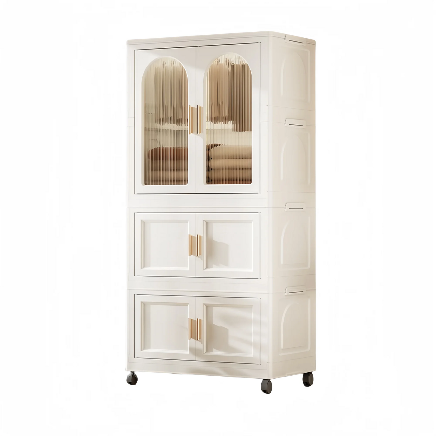 PORKISS Portable Wardrobe Closet, Folding Bedroom Armoire with Wheels, Plastic Storage Basket Can be Freely Combined (1 Layer of Wardrobe + 2 Layers of Folding Boxes+10 Hangers), Cream White-57.09"H