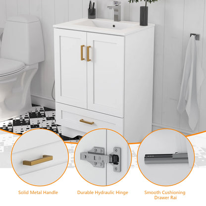 24" Bathroom Vanity with Ceramic Undermount Sink - Freestanding 2-Door & 1-Drawer Storage Cabinet, White