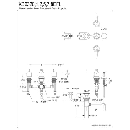 Kingston Brass KB6327EFL Centurion Three-Handle Bidet Faucet with Brass Pop-Up, Brushed Brass