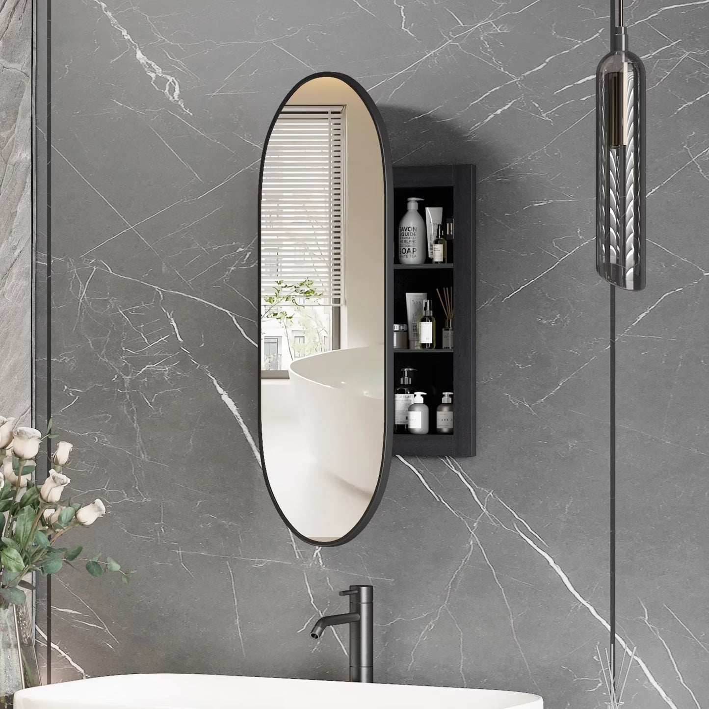 Hironpal Recessed or Wall Mounted 3 Color LED Oval Medicine Cabinet with 17x32 Inch Mirror for Bathroom,Black