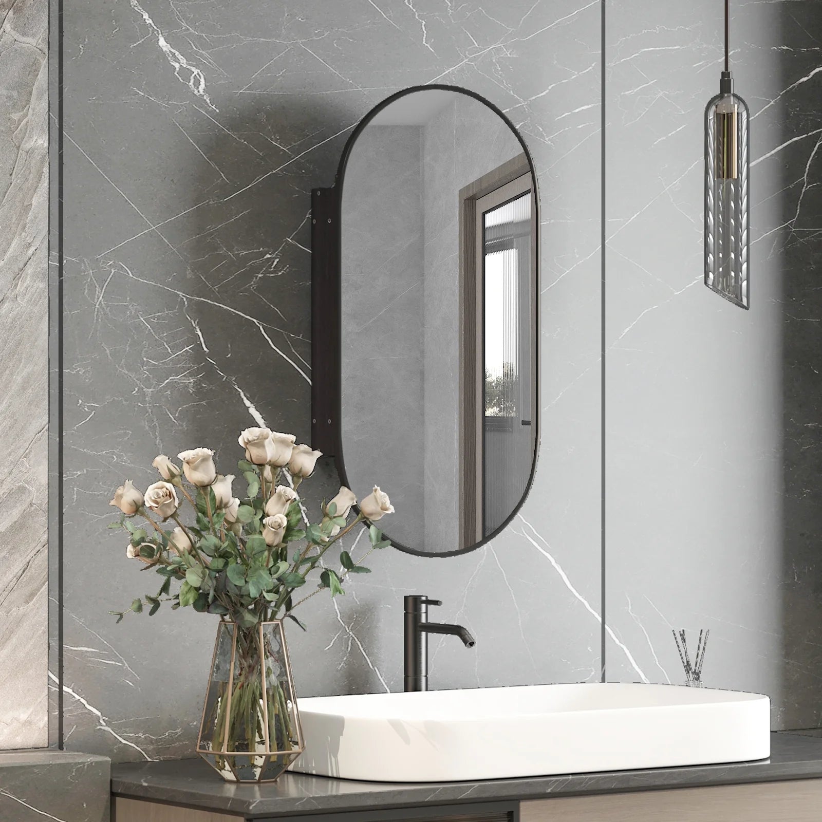 Hironpal Recessed or Wall Mounted 3 Color LED Oval Medicine Cabinet with 17x32 Inch Mirror for Bathroom,Black