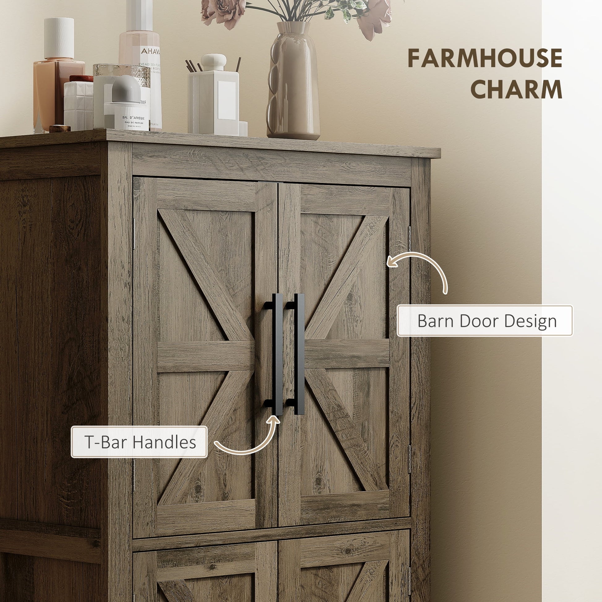 HOMCOM Bathroom Floor Cabinet, Farmhouse Bathroom Cabinet with Doors, Brown