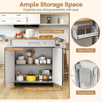 Giantex Kitchen Island Cart with Storage Cabinet on Wheels, Spice Rack Towel Rack & Drawer, Gray