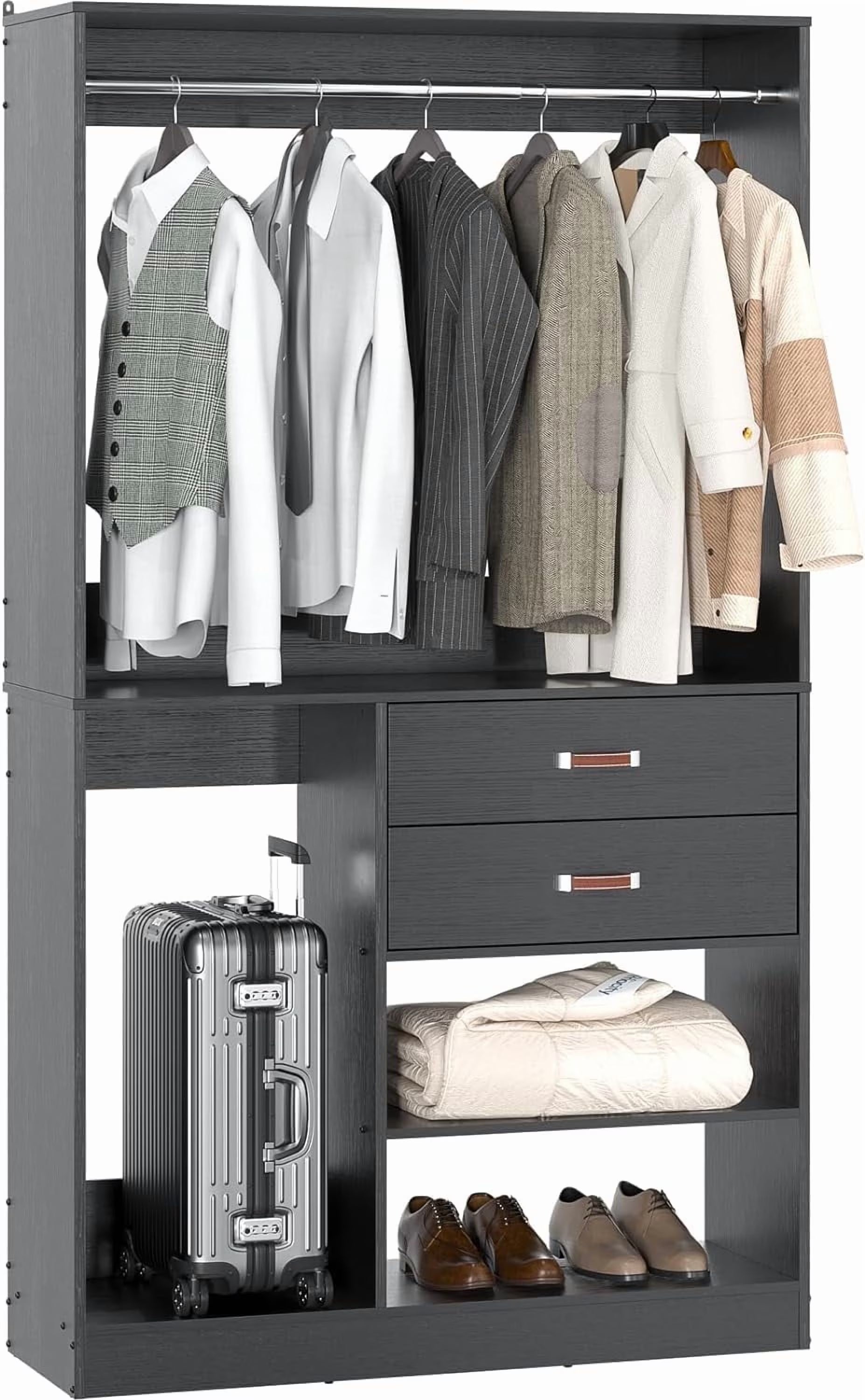 Homieasy Freestanding Closet System with Suitcase Storage, 40 Inches Stand-alone Wardrobe with 2 Wood Drawers, 80'' Height Adjustable Cloth Garment Rack, Walk-in Closet with Hanging Rod, White