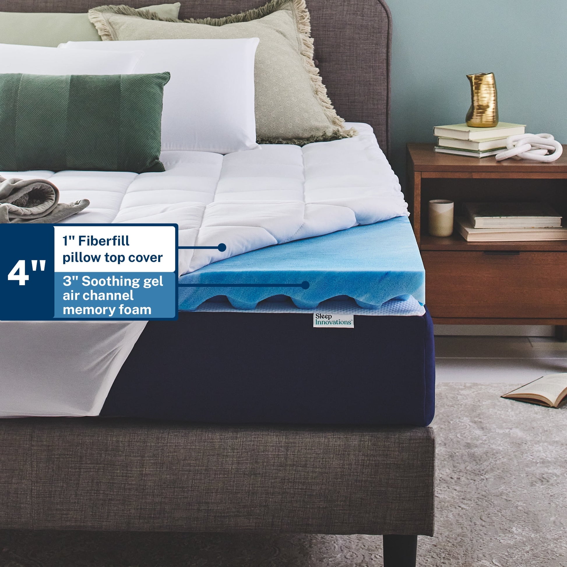 Sleep Innovations Memory Foam Mattress Topper, Queen, 4 Inch, Gel Dual Layer Plush