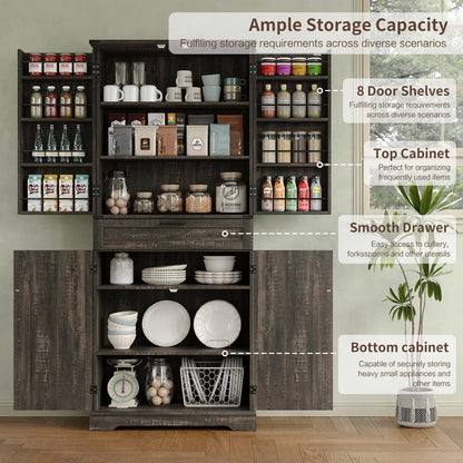 FUSOU 72'' Kitchen Storage Pantry Cabinet, Tall Storage Cabinet with 8 Door Shelves, 2 Cabinets and 1 Drawer, Freestanding Cupboard for Kitchen, Dining Room, Bathroom, Laundry