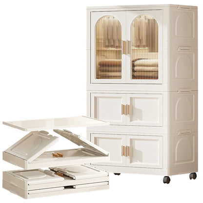 PORKISS Portable Wardrobe Closet, Folding Bedroom Armoire with Wheels, Plastic Storage Basket Can be Freely Combined (1 Layer of Wardrobe + 2 Layers of Folding Boxes+10 Hangers), Cream White-57.09"H