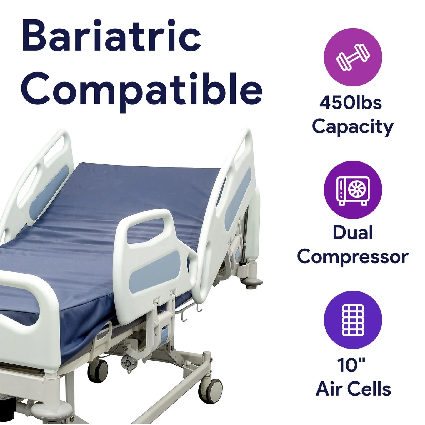 Proheal Bariatric Low Air Loss Alternating Pressure Air Mattress with 10" Dual Compressor, Pump, & Raised Rails - Stages I-IV - Bed Size: 36" x 80" Bed Thickness: 10/13"