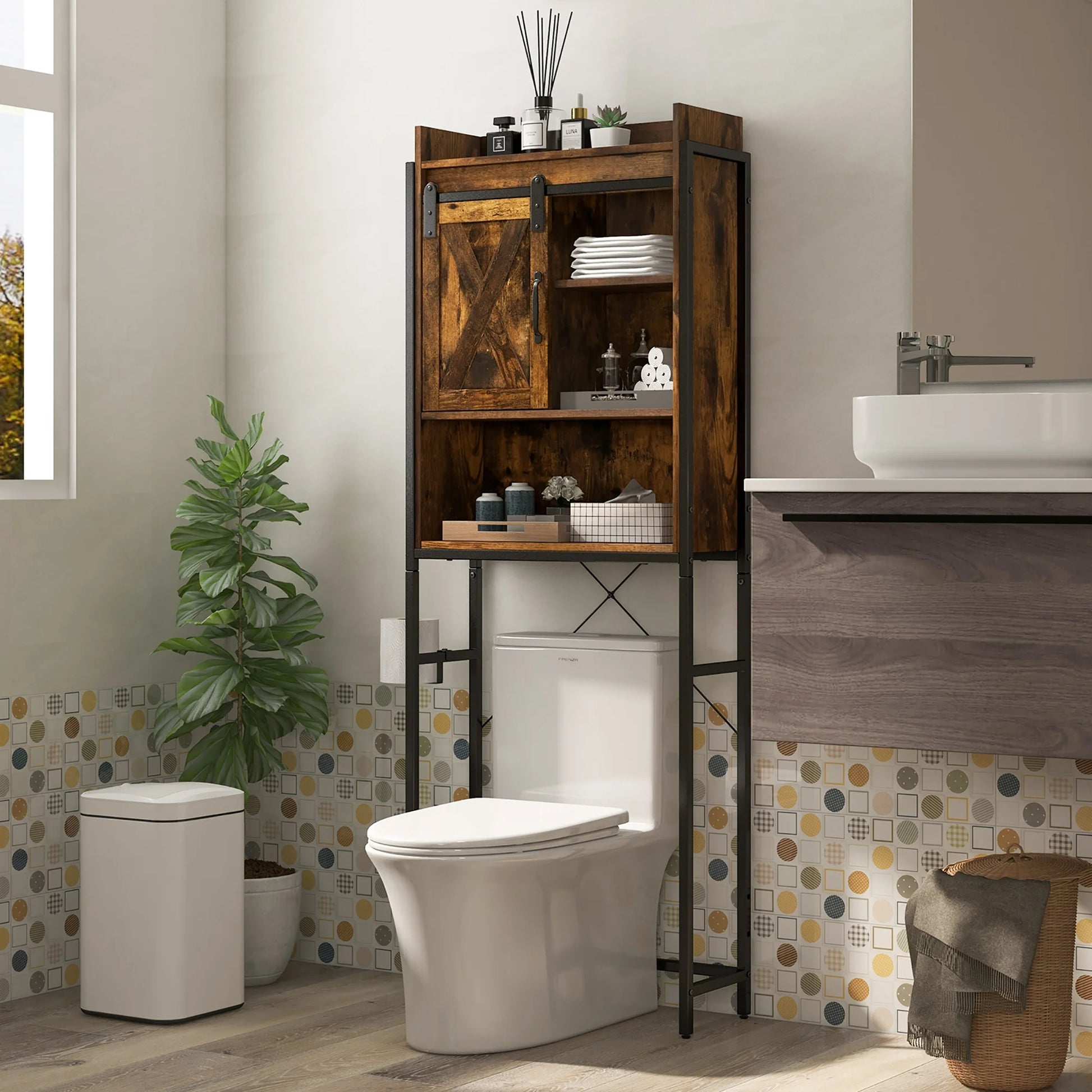 Gymax Over-The-Toilet Storage Cabinet Freestanding 4-Tier Bathroom Organizer Rack w/Adjustable Shelf Rustic Brown