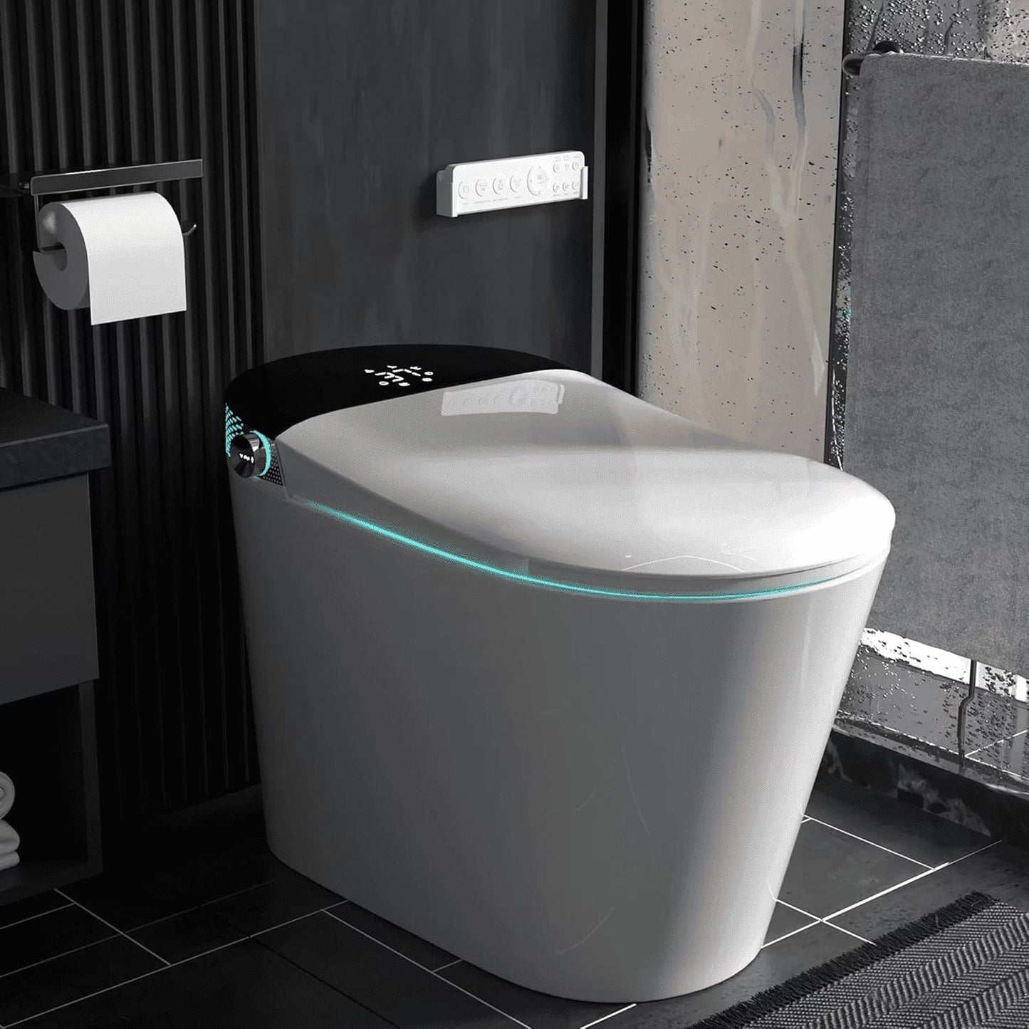 LALAHOO Smart Toilet with Bidet Built in, Auto Open & Close, Elongated Heated seat, Foot Sensor Flush, LED Display, Warm Water Wash, Dryer, Night Light, Black