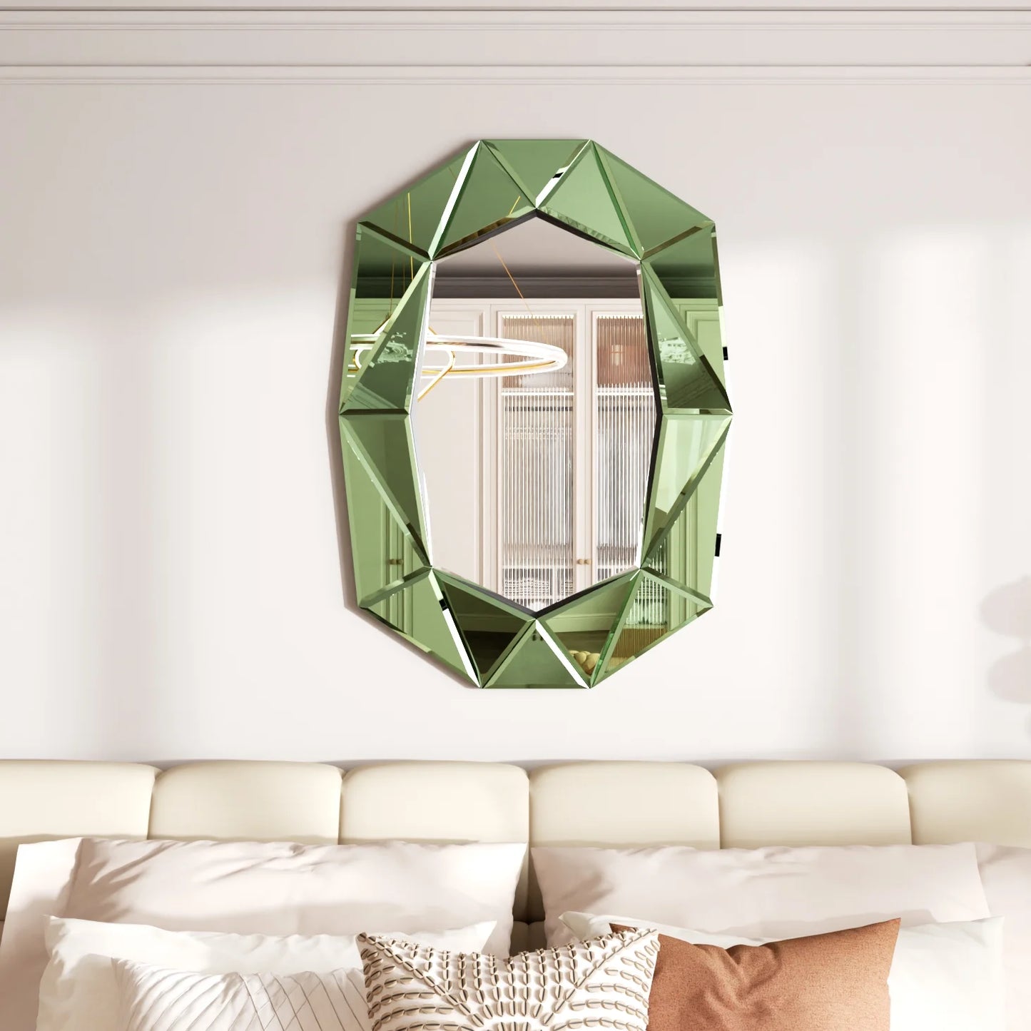 LUVODI Geometric Mirror Wall 28 x 39 inch Art Mirror Green 3D Glass Beveled for Bathroom Living Room