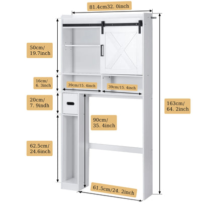 YISUFO Over The Toilet Storage Cabinet, Bathroom Organizer Shelf with 2 Barn Door & Toilet Paper Holder Stand, Space-Saving Toilet Rack