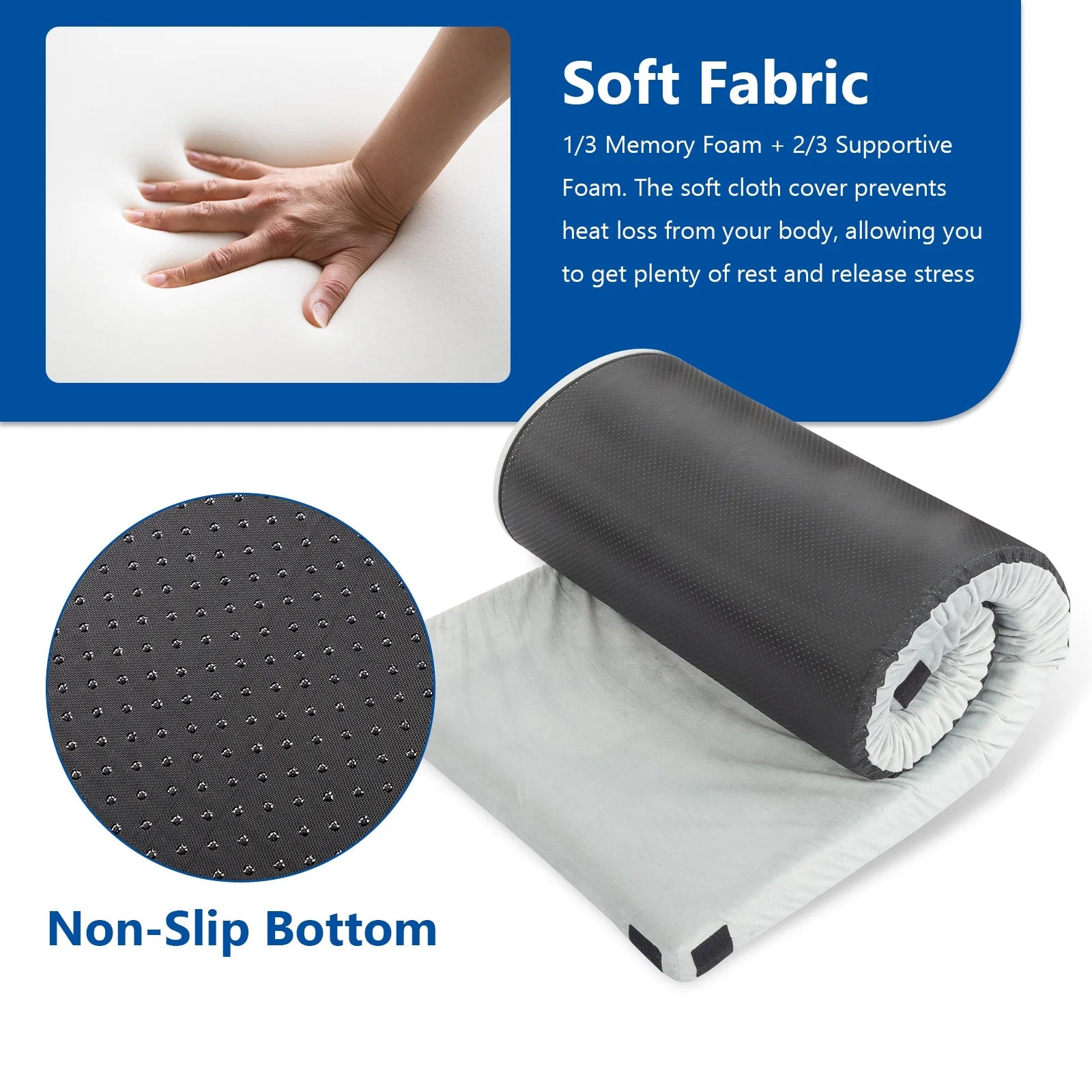 Seizeen Camping Mattress Pad, Portable Roll Up Sleeping Pad for Camping, Memory Foam Floor Sleeping Mat for Tent Car Travel, Storage Bag, Waterproof Bottom, Gray Plush Fabric, 75"D x 25"W x 2.5"T