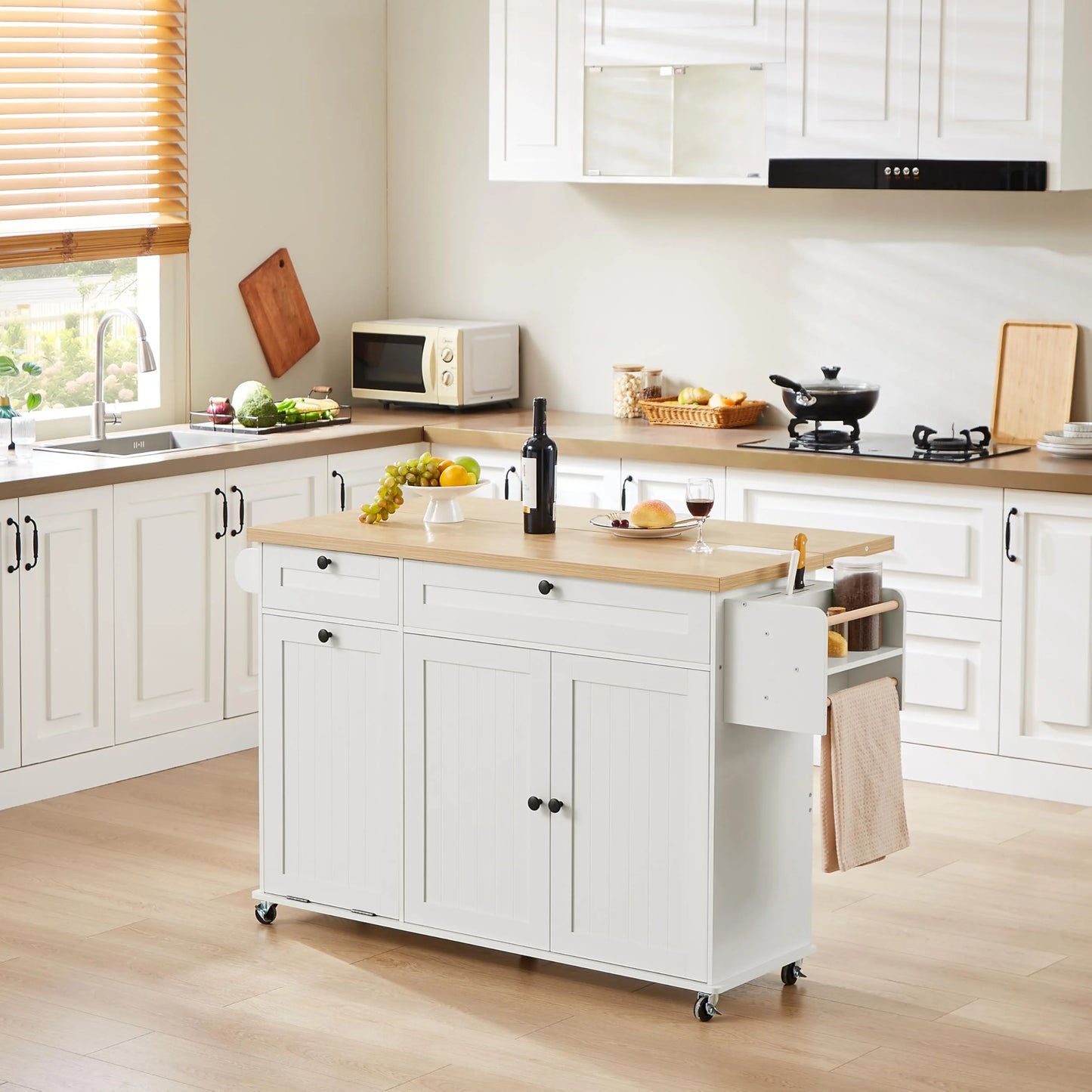 Onbrill Kitchen Island w/Outlet& Towel Rack, 60" Kitchen Storage Cart w/Foldable Countertop, Black