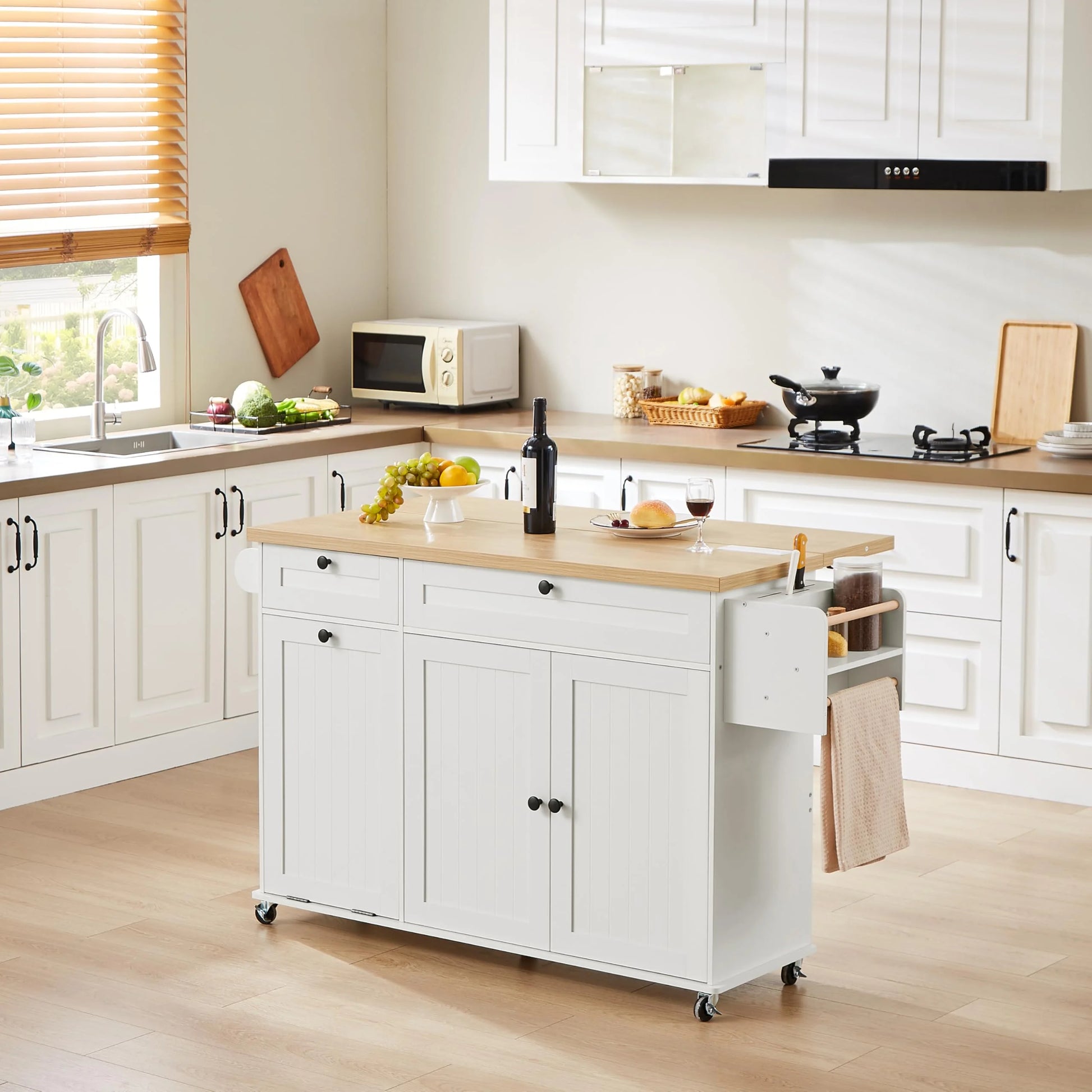 Onbrill Kitchen Island w/Outlet& Towel Rack, 60" Kitchen Storage Cart w/Foldable Countertop, Black