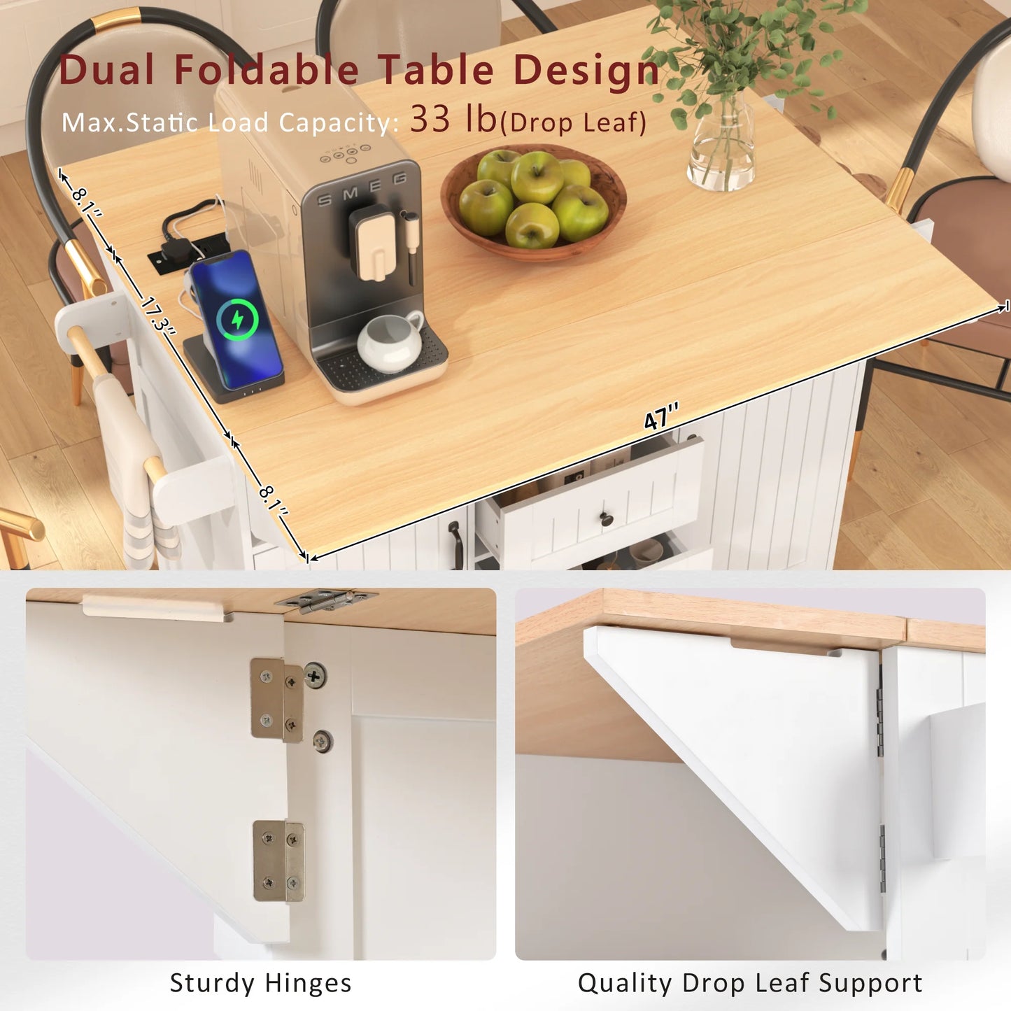Yoneston 55.7" Kitchen Island with Drop Leaf and Power Outlet, Rolling Kitchen Cart with Spice Towel Rack, Folding Storage Dining Table with 3 Drawers 2 Doors for Kitchen Dining Room, White