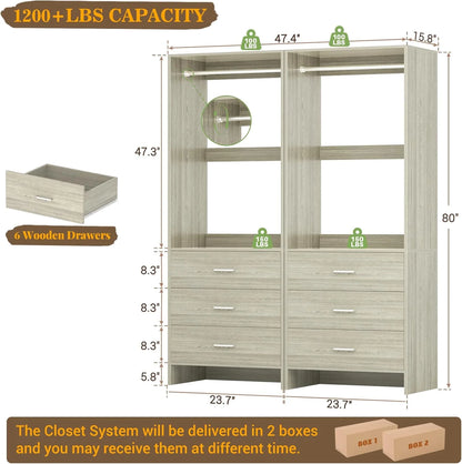 Homieasy Closet System Closet Organizer, Wood Closet Organizer System, Walk-in Closet or Small Closets Wardrobe, Clothes Rack with Hanging Rods, 4FT Closets, Set of 2, White Oak