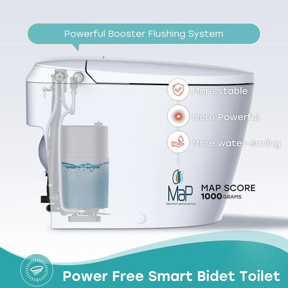 HOROW Non-electric Smart Bidet Toilet with Dual Nozzles Cleanse Built-in Pump for Power Flush Map 1000g ADA Chair Height
