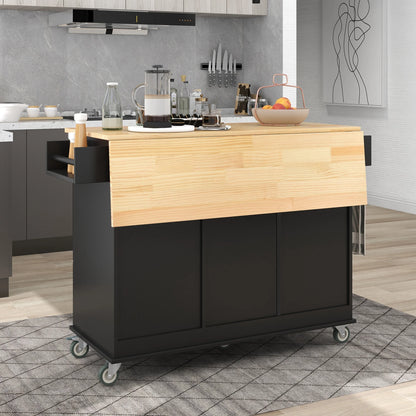 52.7" Width Rolling Mobile Kitchen Island with Solid Wood Top and Locking Wheels, Moveable Kitchen Island Cart with Storage Cabinet, Drop Leaf Breakfast Bar, Spice Rack, Towel Rack, Drawer