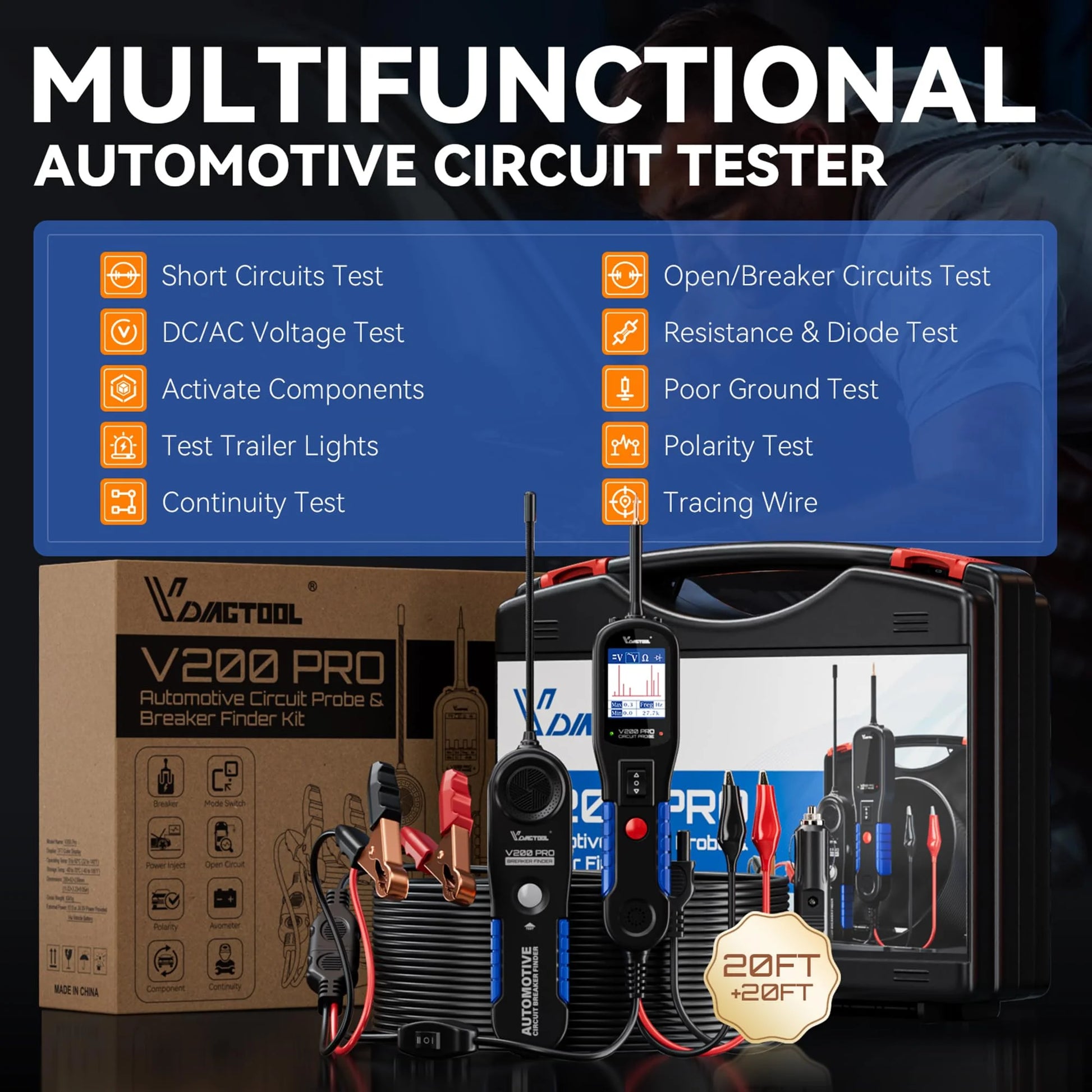 VDIAGTOOL V200 PRO Automotive Power Probe Tester Circuit Breaker Finder Tool 12/24V Electrical Open Short Circuit Finder Wire Tracer