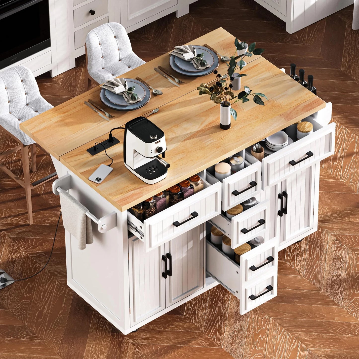 Kitchen Island with Storage, Rolling Kitchen Island on Wheels with Charging Station, Kitchen Cart Island Table with Drop Leaf, Drawers, Cabinets, Spice Rack, Towel Rack, Black