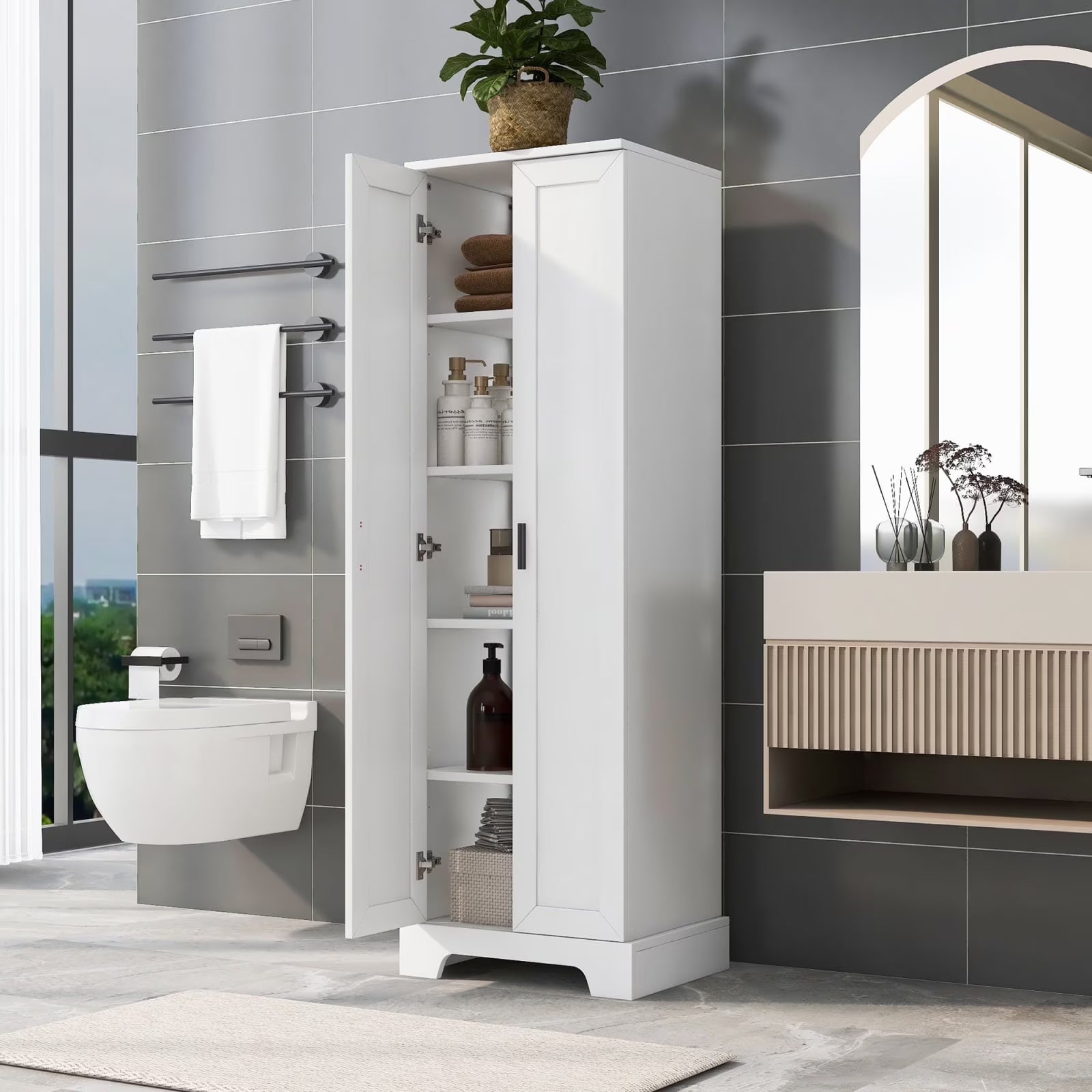 22'' Double Door Storage Cabinet with Adjustable Shelves, High Quality Bathroom Cabinet with MDF Material, for Living room, Bathroom, Black