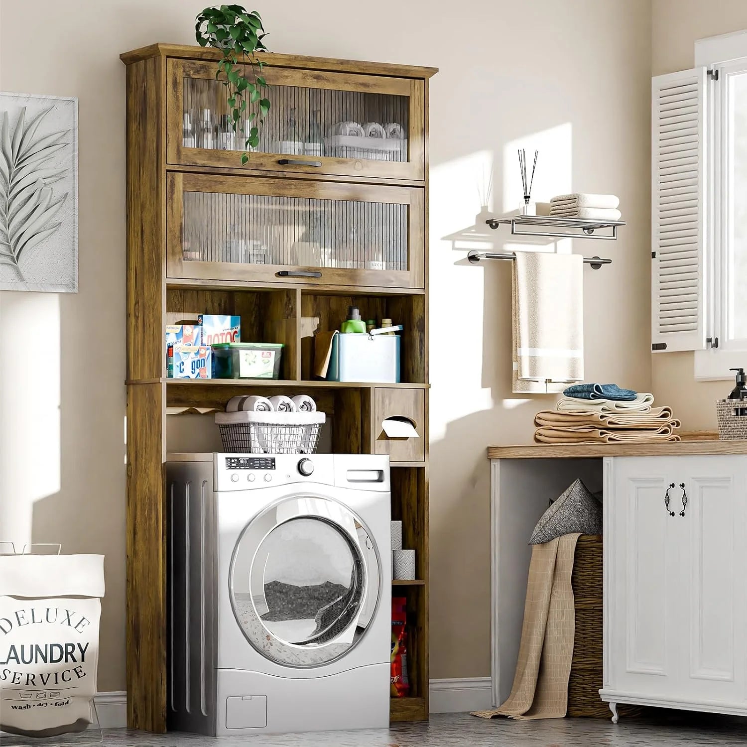 Over The Toilet Storage Cabinet with Transparent Door, Toilet Paper Storage Cabinet with Multi Layer Shelves Suitable for Bathroom, Laundry Room, Freestanding Bathroom Storage Rack,Brown