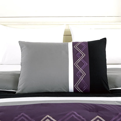 Chezmoi Collection Jaxson King Bed in a Bag 7-Piece Comforter Set with Sheets Modern Pleated Stripe Embroidered Purple/Black/Gray/White Zigzag Lightweight All Season Bedding