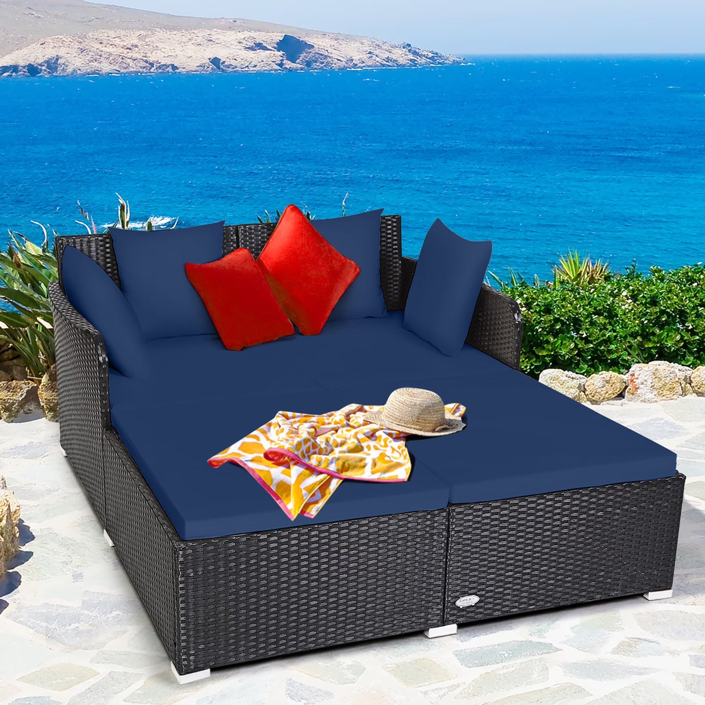 Costway Outdoor Patio Rattan Daybed Pillows Cushioned Sofa Furniture Beige