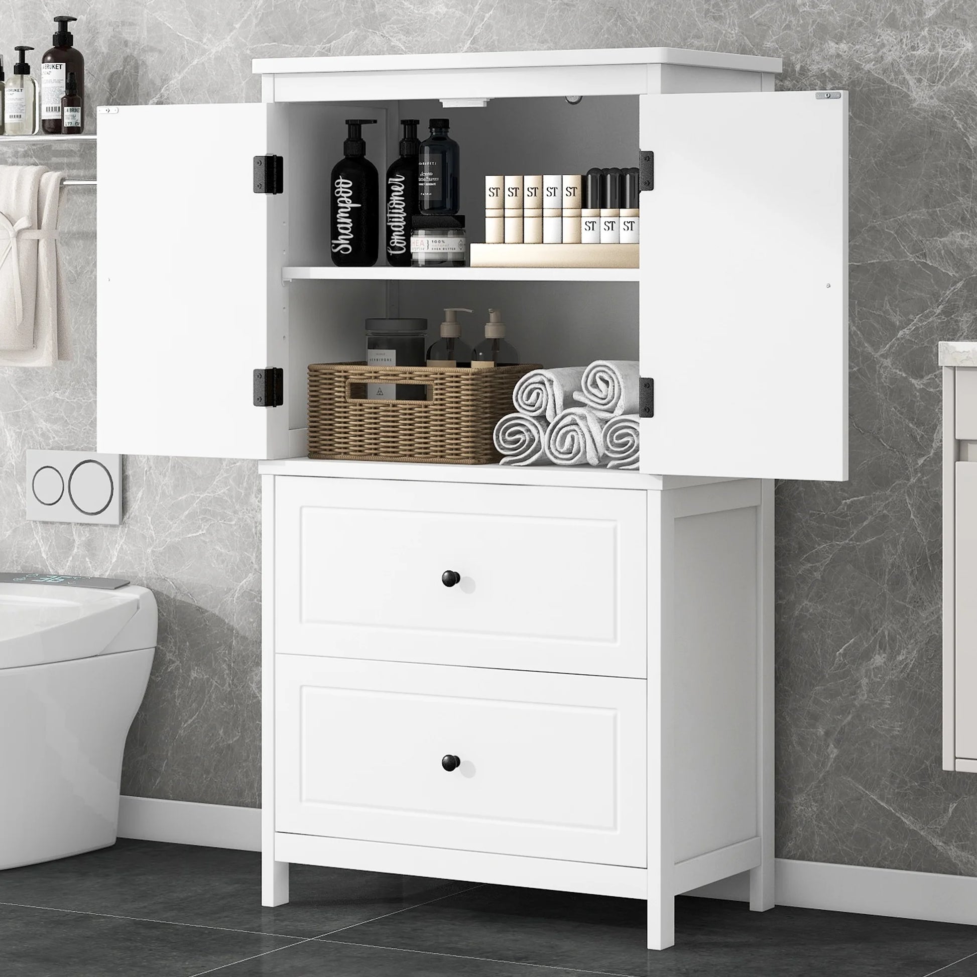 Aukfa 43.3" Tall Wood Storage Cabinet with Two Doors and Adjustable Shelves for Bathroom Kitchen, White