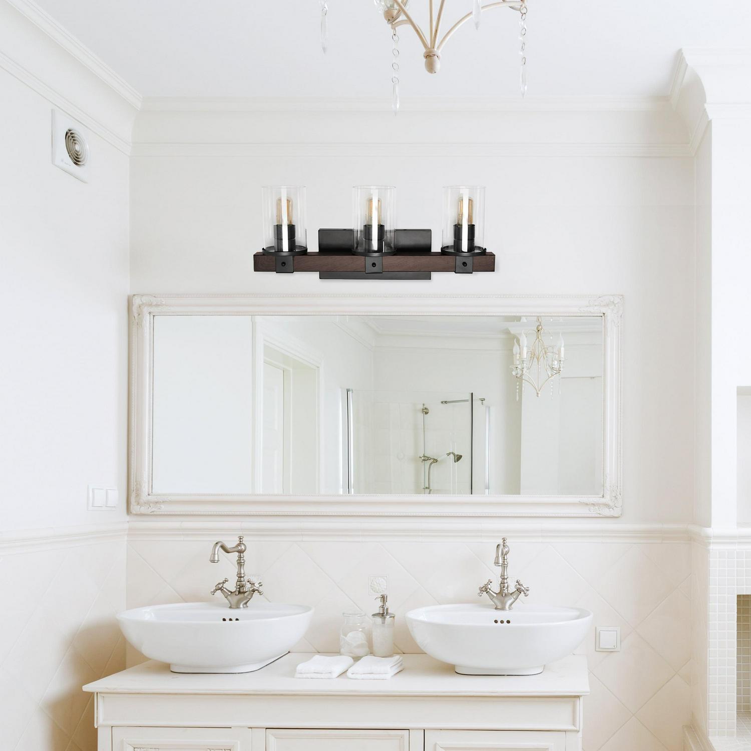 Elegant Designs Industrial Rustic Lantern Restored Wood Look 3 Light Bath Vanity. Brown