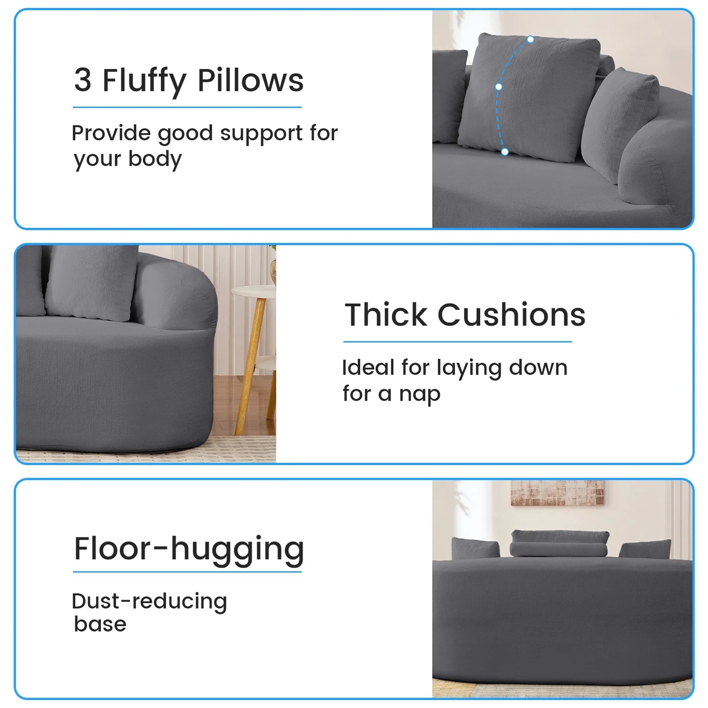 Puremind 67"W Curved Loveseat, Upholstered Chenille Sofa with Three Throw Pillows, Floor Sofa Couch for Living Room/Small Space, No Assembly Required, Dark Gray