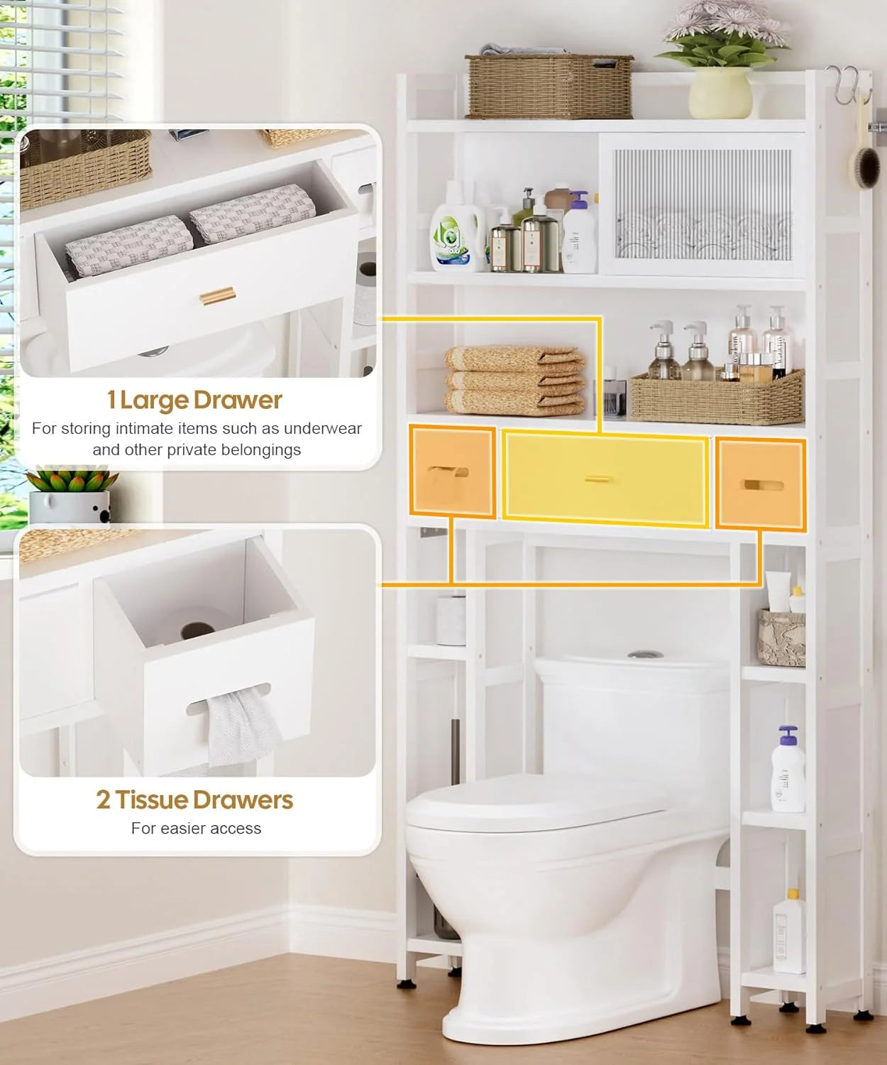 Over The Toilet Storage Cabinet with Acrylic Sliding Door Panel, Bamboo Organizer Shelf with 2 Paper Drawers and 1 Big Drawer,Space Saver Rack for Bathroom (White)