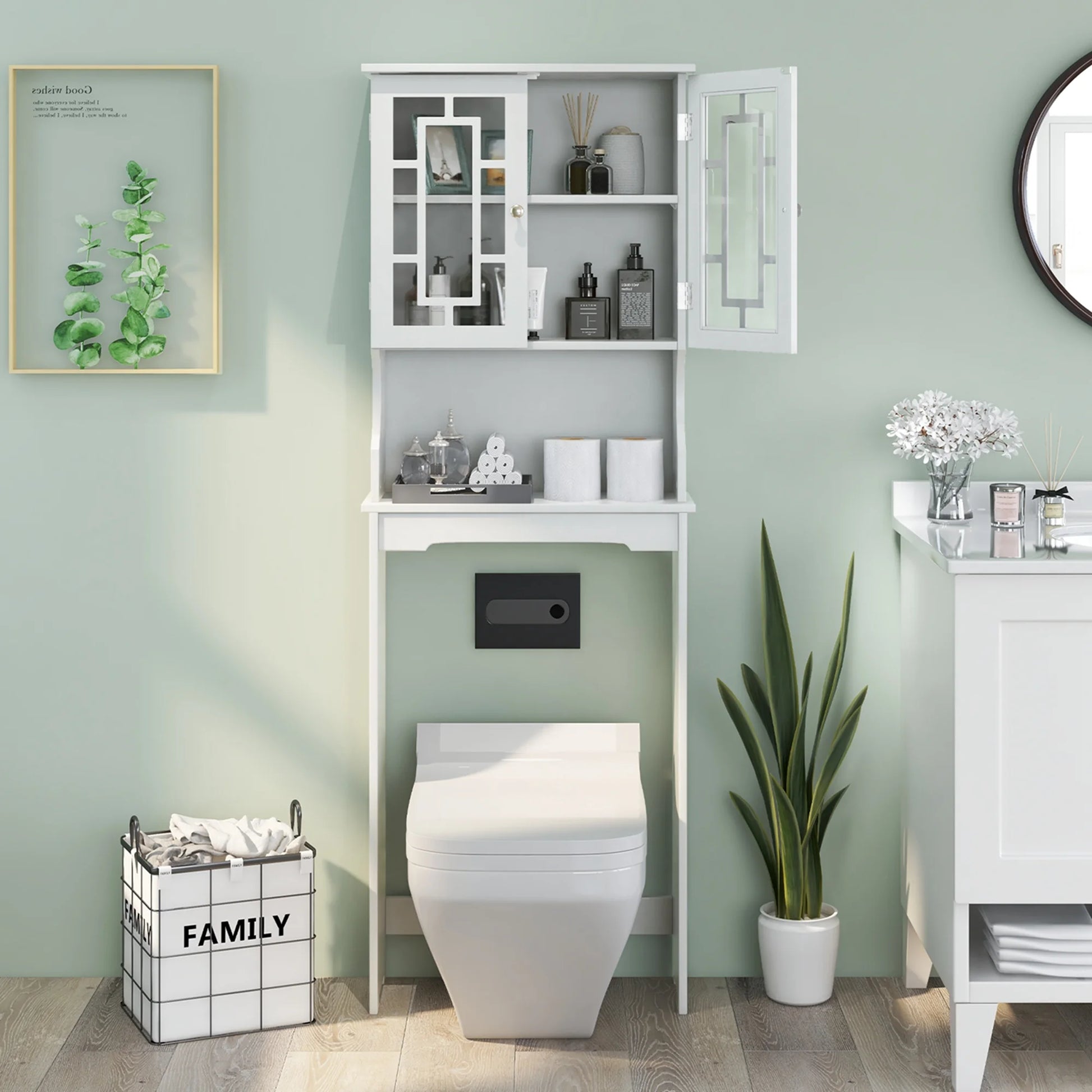 Costway Over the Toilet Storage Bathroom Spacesaver Cabinet Tower Organizer Shelf & Doors White
