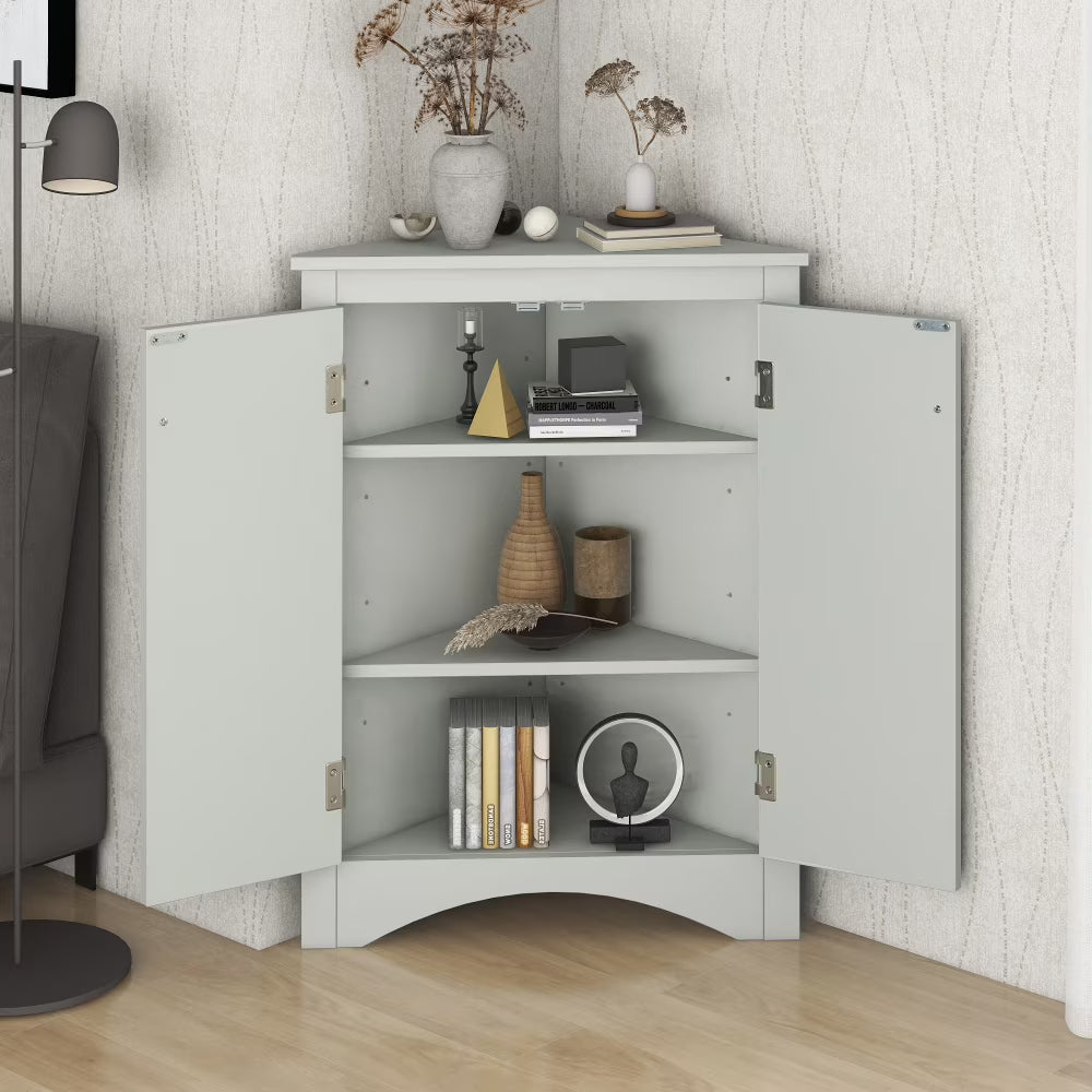 Home Floor Corner Cabinet with Adjustable Shelves and Two Doors, Triangle Bathroom Storage Cabinet, Modern Style Freestanding Floor Cabinet for Kitchen, Living Room and Hall, Oak