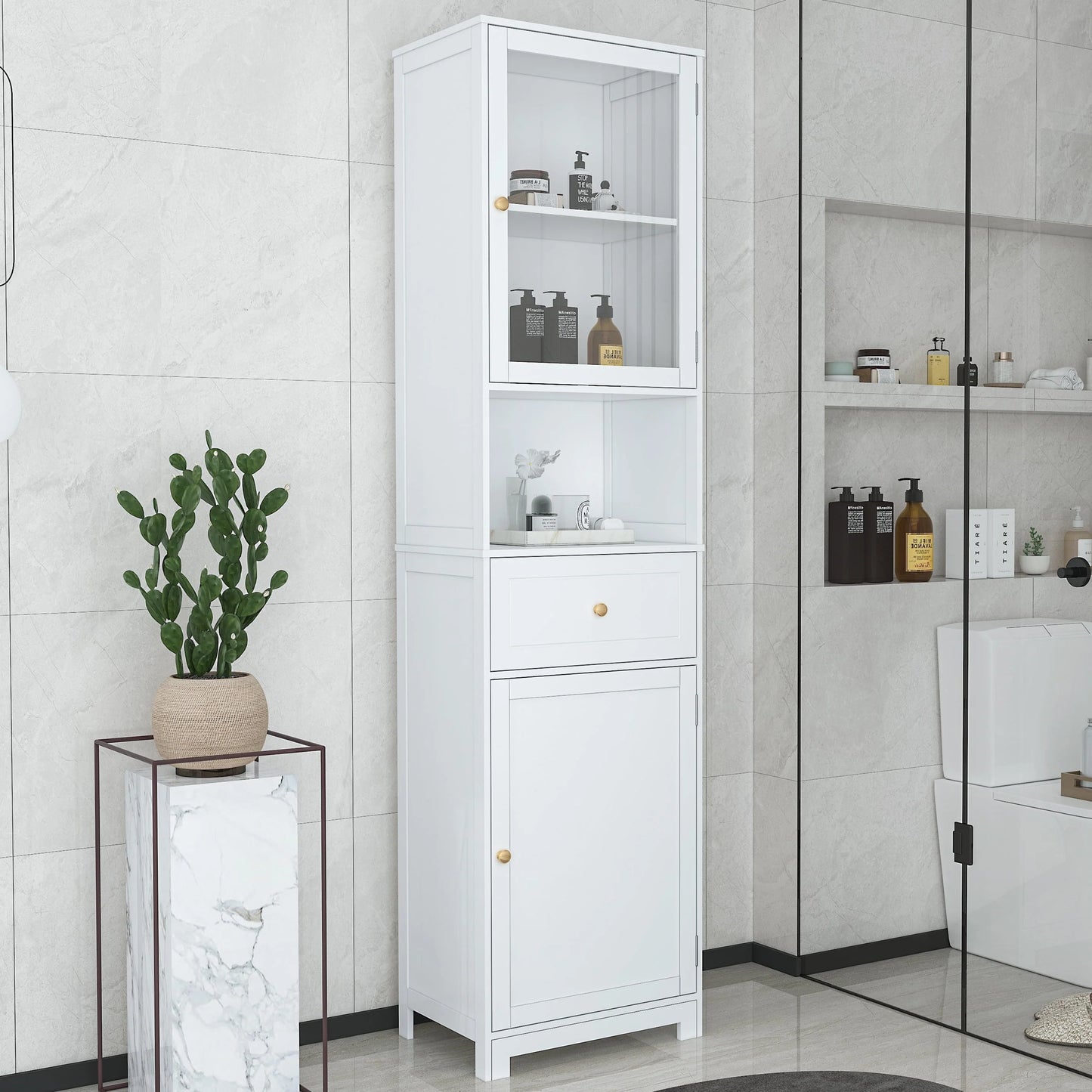Ktaxon Large Bathroom Tall Storage Cabinet Organizer, Freestanding Line Tower Pantry Cabinet with Adjustable Shelves and 2 Cupboards for Kitchen Living Room Bedroom Office, 18"x13"x71", White