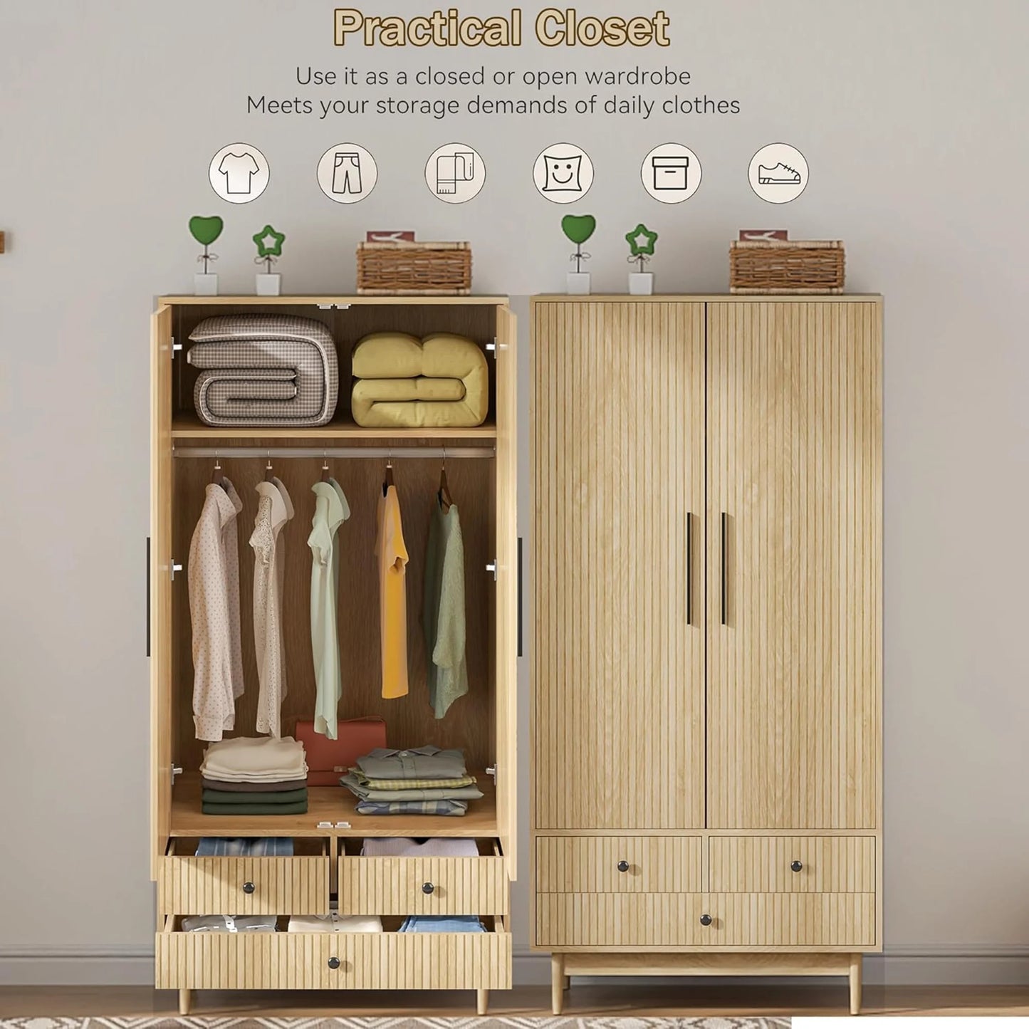 Oubayajia Wardrobe Armoire Closet, 2 Fluted Doors Wardrobe Cabinet with 3-Drawer and Hanging Rod, Wood Wardrobe Storage for Bedroom