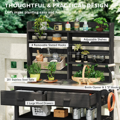 Euroco 64.9"H Outdoor Potting Bench Table with Lockable Wheels, Solid Wood Outdoor Kitchen Island with Upper Hutch, Stainless Steel Top, Towel Rack ,Outdoor Storage for Grilling, Lawn Garden -Black