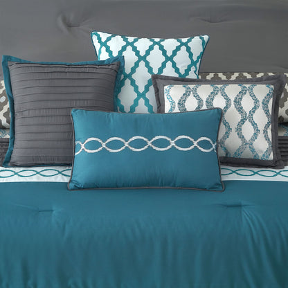 Lanco Geometirc Queen Blue Comforter Set, 12 Piece, Jacquard Bedding Comforters & Sets, Bedskirt, Pillows, Euro Shams & Curtains, Ultra-Soft