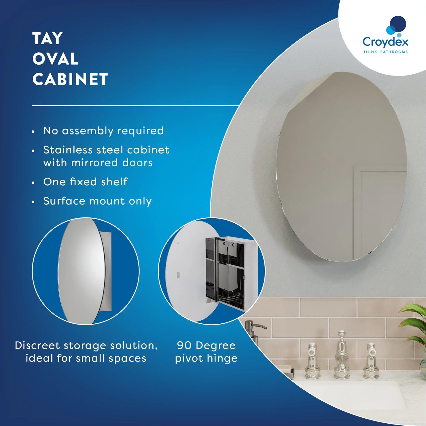 Croydex Tay Oval Stainless Steel Mirror Cabinet, Bathroom Medicine Cabinet (18x26in)
