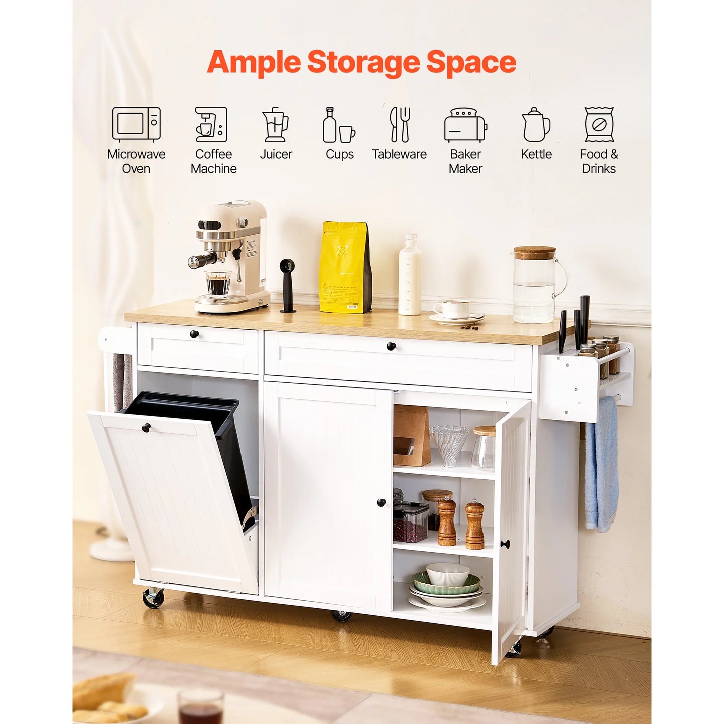 KFFKFF 60in Wide Mobile Kitchen Island Cart with Storage, Drop Leaf, 2 Drawers, Trash Bin Cabinet, Knife Slot, Spice Organizer, and Towel Bar, Ideal for Dining Room or Pantry