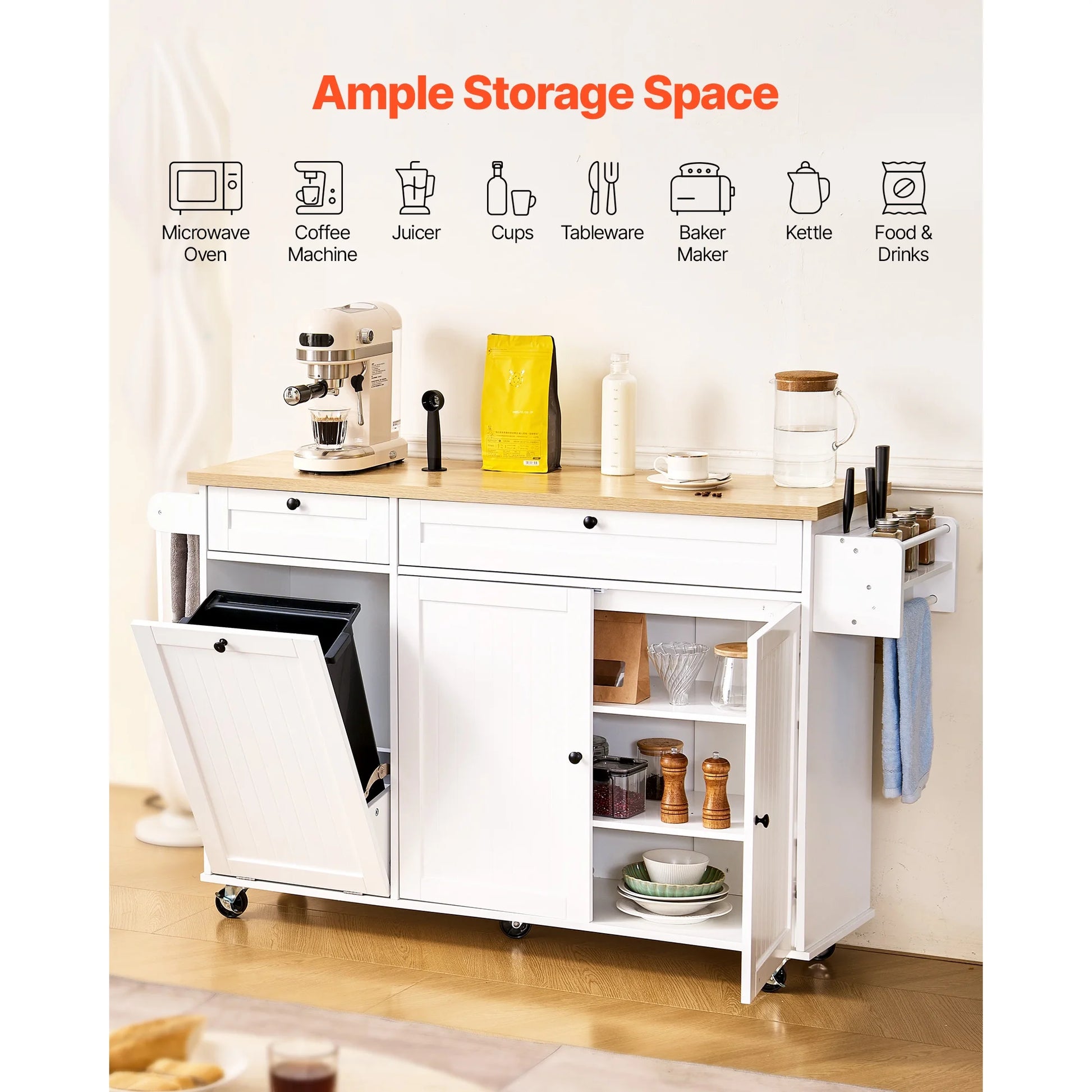 KFFKFF 60in Wide Mobile Kitchen Island Cart with Storage, Drop Leaf, 2 Drawers, Trash Bin Cabinet, Knife Slot, Spice Organizer, and Towel Bar, Ideal for Dining Room or Pantry