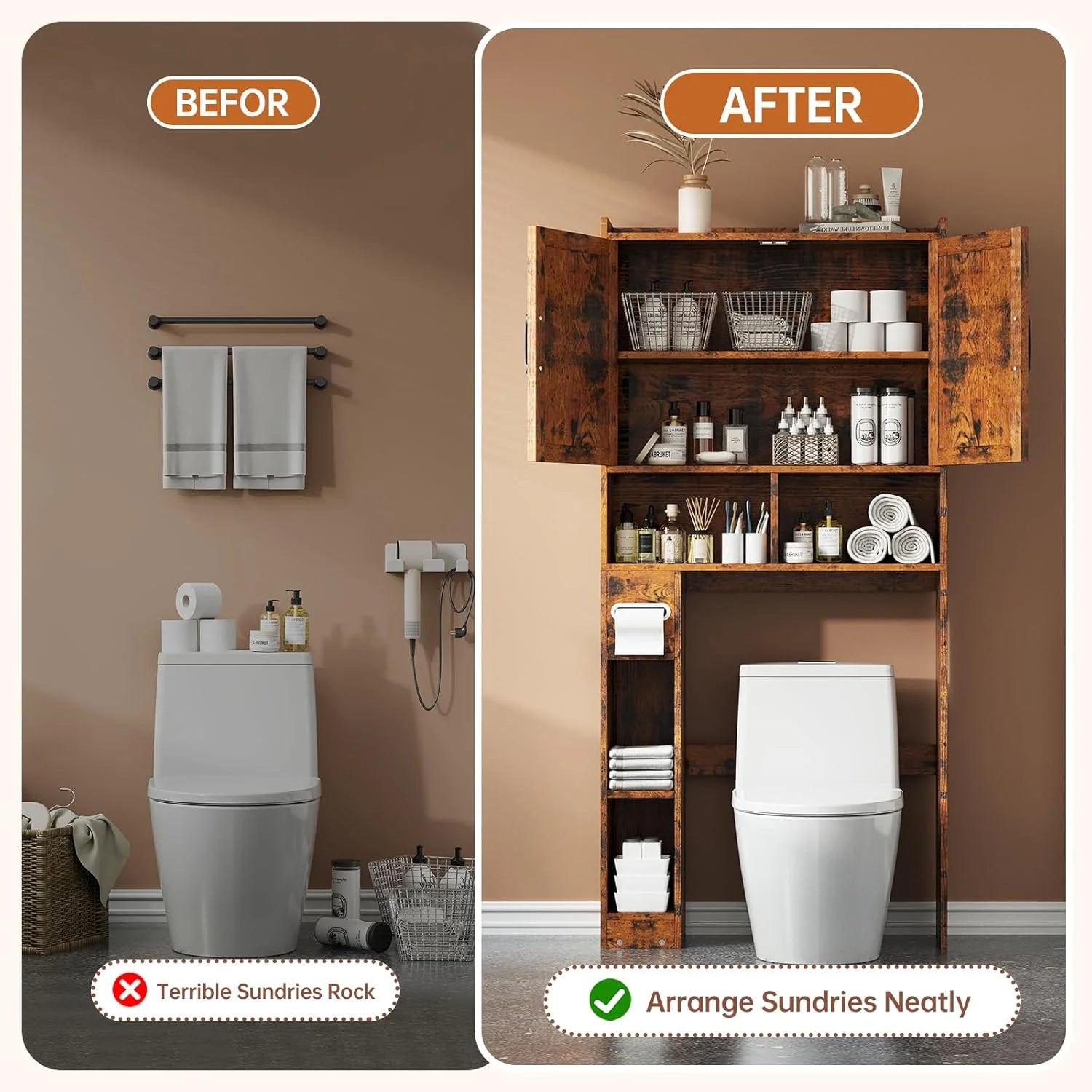 Selooye Over The Toilet Storage Cabinet, 32'' Farmhouse Storage Cabinet Over Toilet with 2 Barn Door, Toilet Paper Holder Stand and Adjustable Shelves, Toilet Rack for Bathroom, Restroom, Laundry